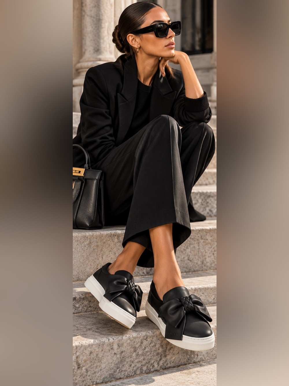 Buscemi Black Leather Slip-On Sneakers with White Platform Sole and Bow